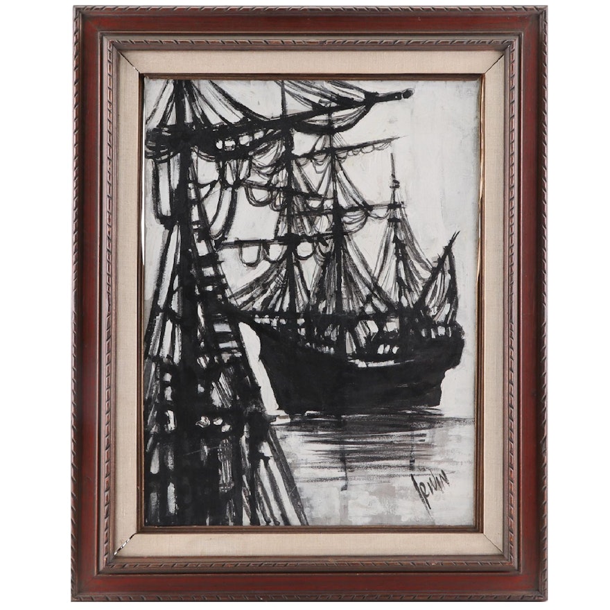 Acrylic Painting of Ships, Late 20th Century