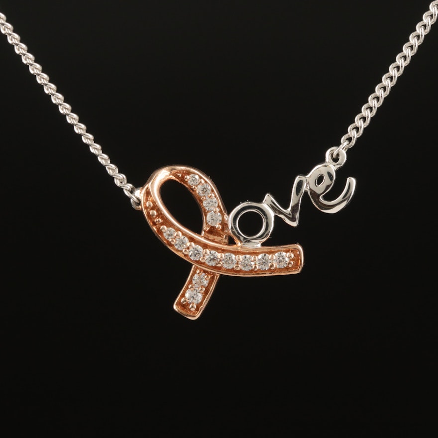Sterling Cubic Zirconia Love Ribbon Necklace