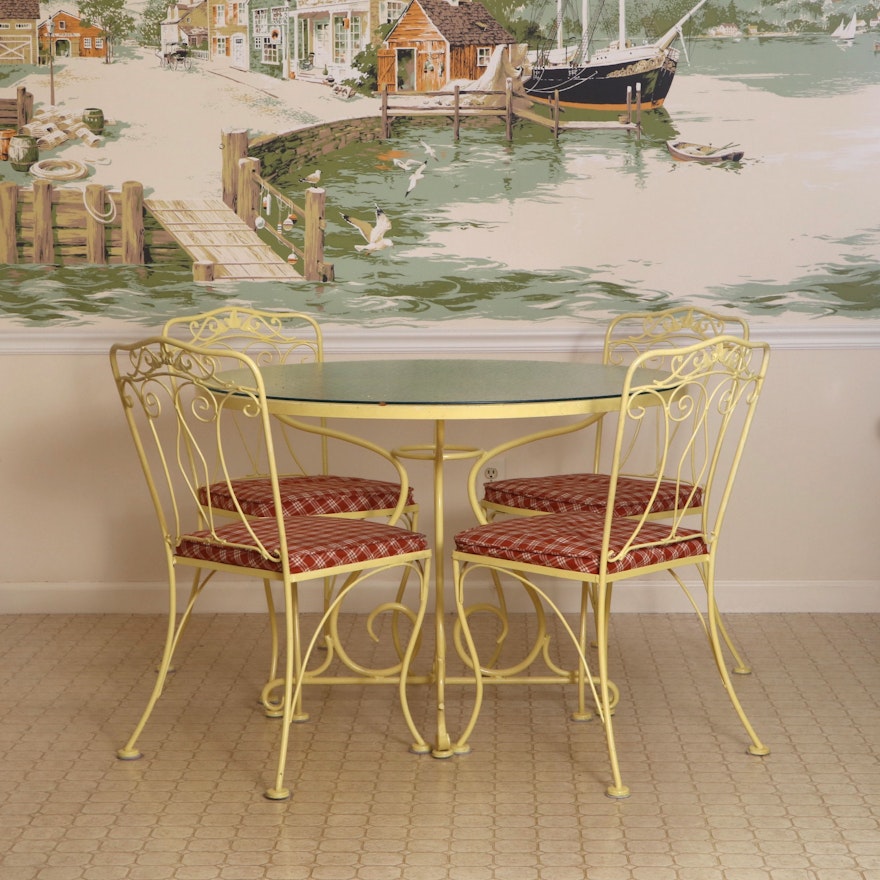 Yellow-Painted Iron and Glass Top Table with Four Wire Chairs
