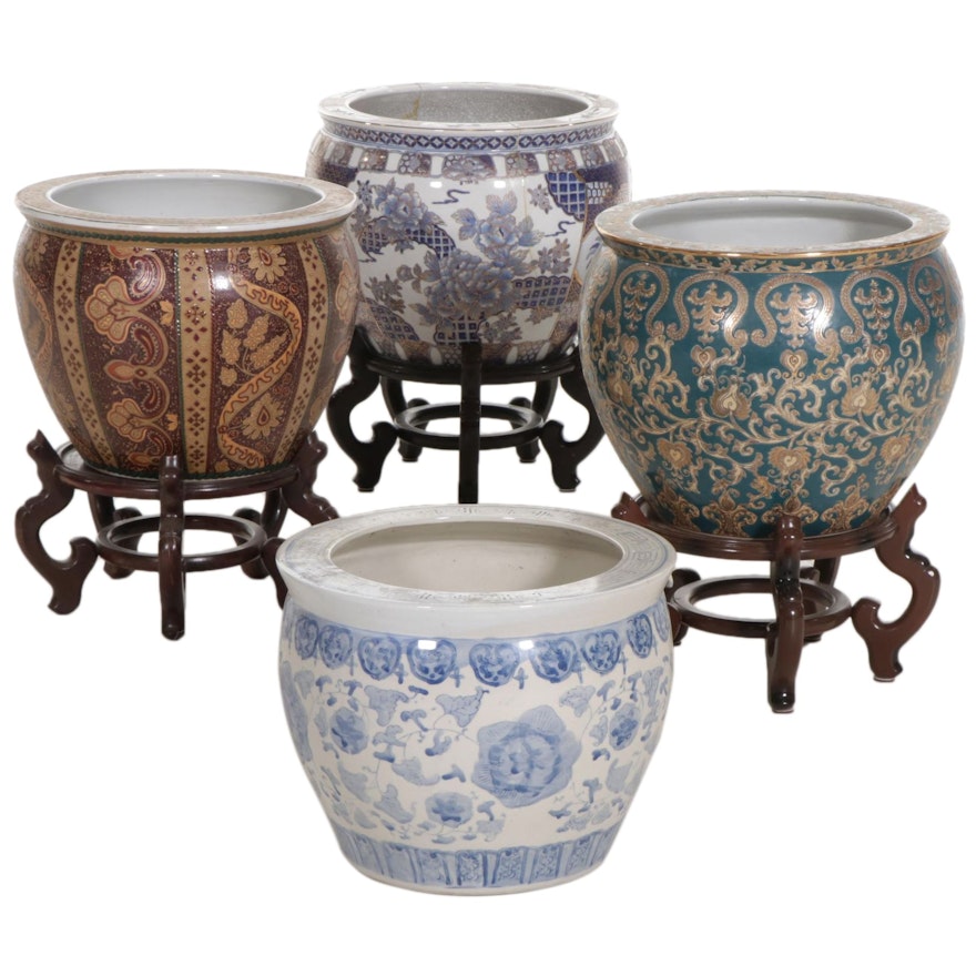 Four Asian Porcelain and Ceramic Goldfish Fishbowl Planters