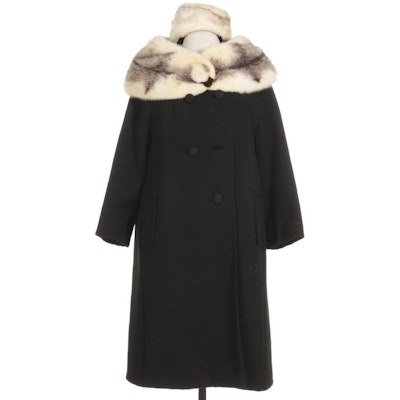 Black Wool Coat with Cross Mink Fur Collar and Hat