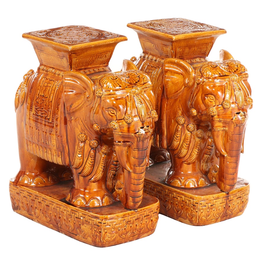 Pair of Glazed Ceramic Elephant End Tables, Mid to Late 20th Century