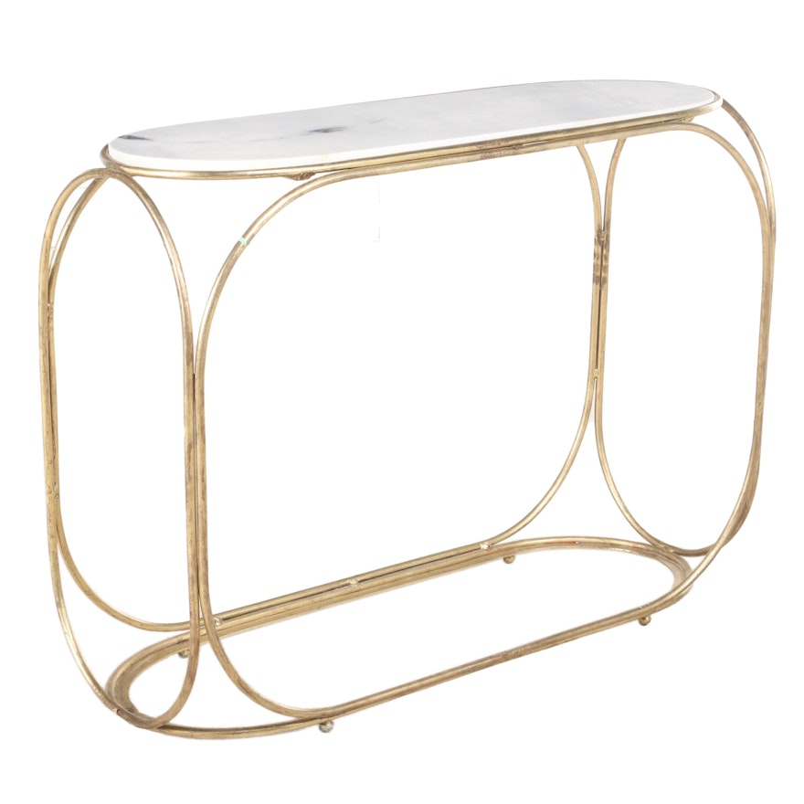 Gilt-Finish Bent Iron Console Table With Stone Top
