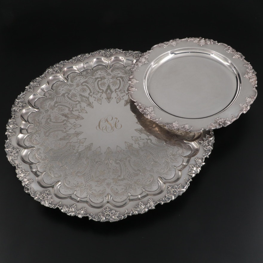 Barbour Silver Plate Platter and English Silver Plate Salver with Grape Motifs