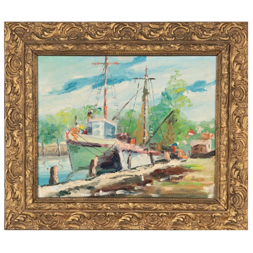 Oil Painting of a Harbor Scene, Early 20th Century