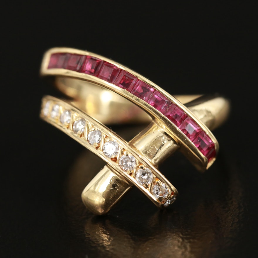 18K Diamond and Ruby Crossover Ring
