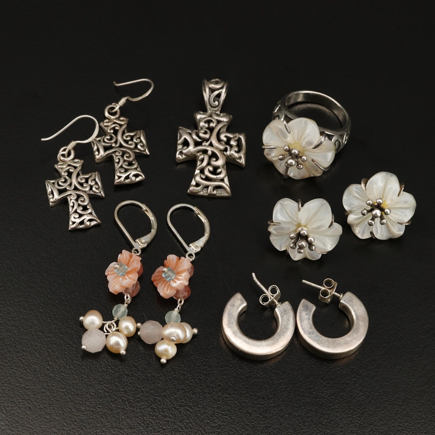 Sterling Jewelry Selection with Cross and Flower Sets