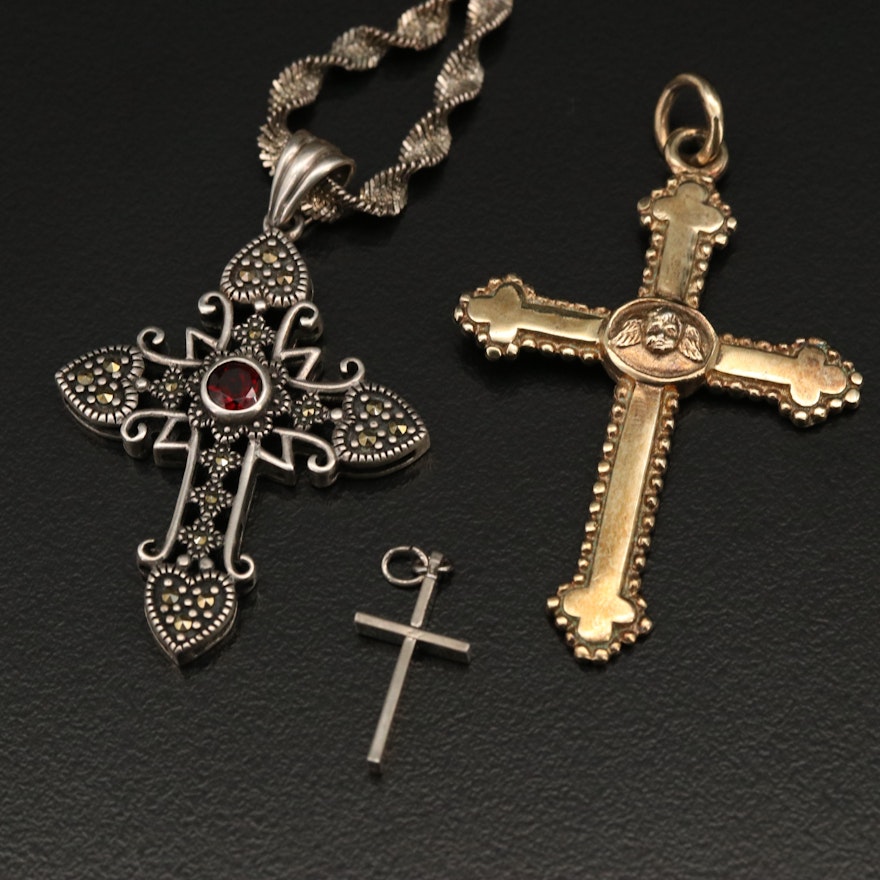 Sterling Garnet and Marcasite Cross Necklace and Gold Tone Cross Pendant
