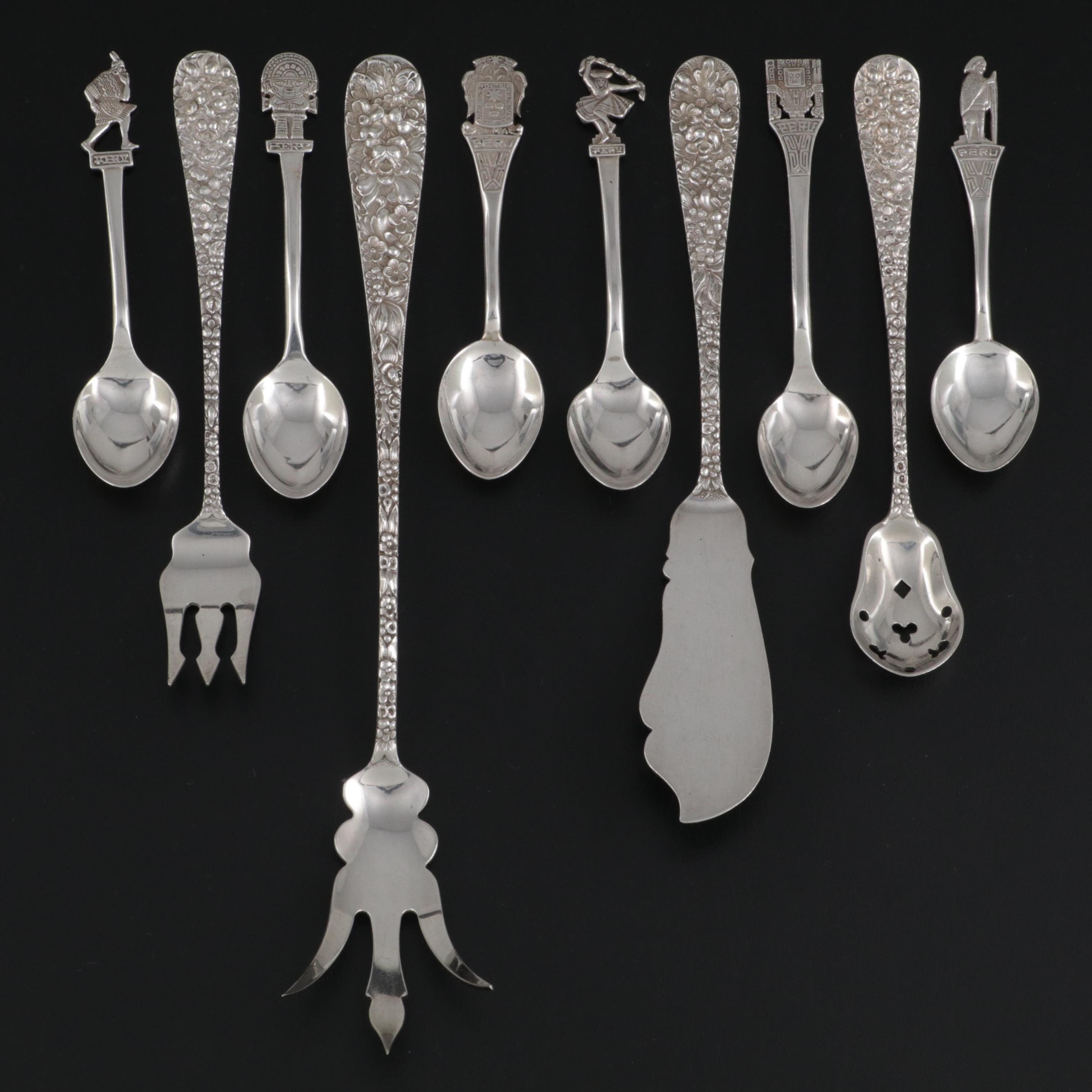 Stieff Sterling Silver "Repoussé" Serving Utensils with Sterling Souvenir Spoons EBTH