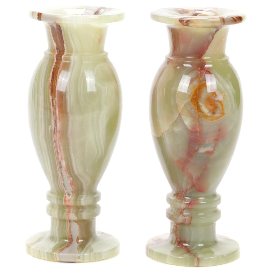 Carved Green Banded Calcite Vases, Late 20th Century