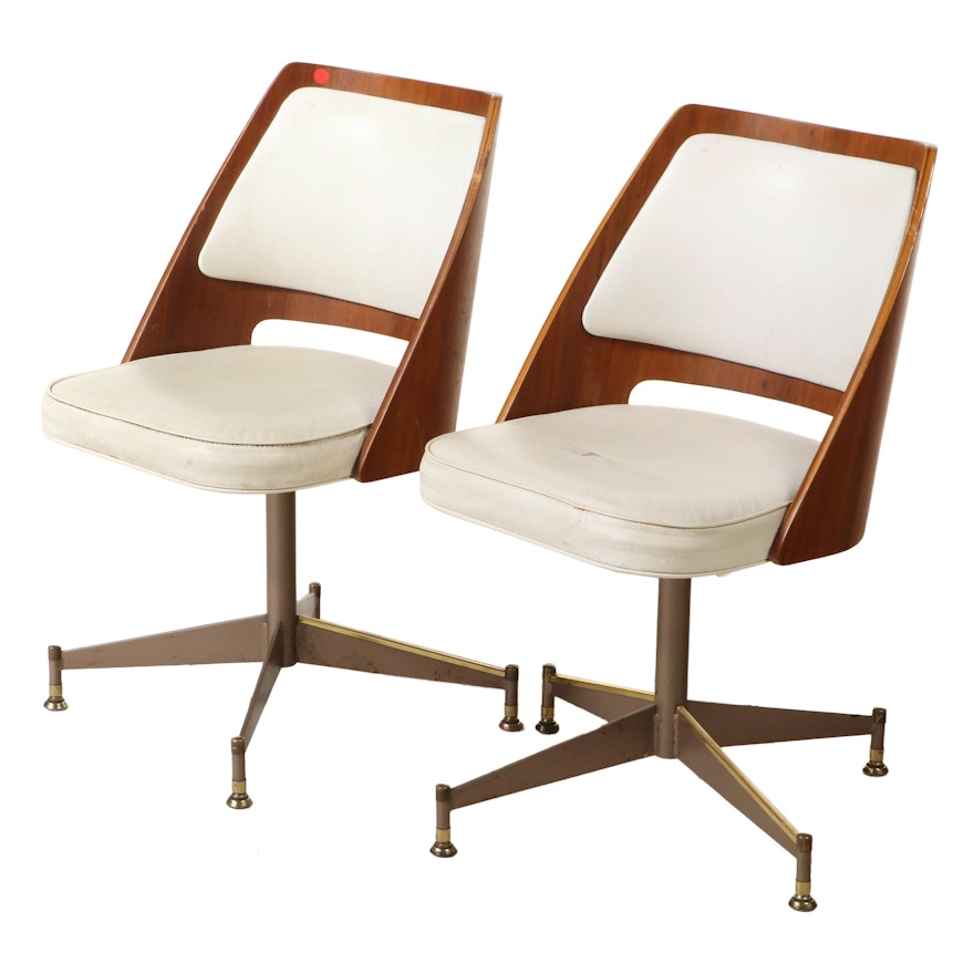 Pair of Brody Mid Century Modern Laminated Walnut and Steel Swivel Chairs