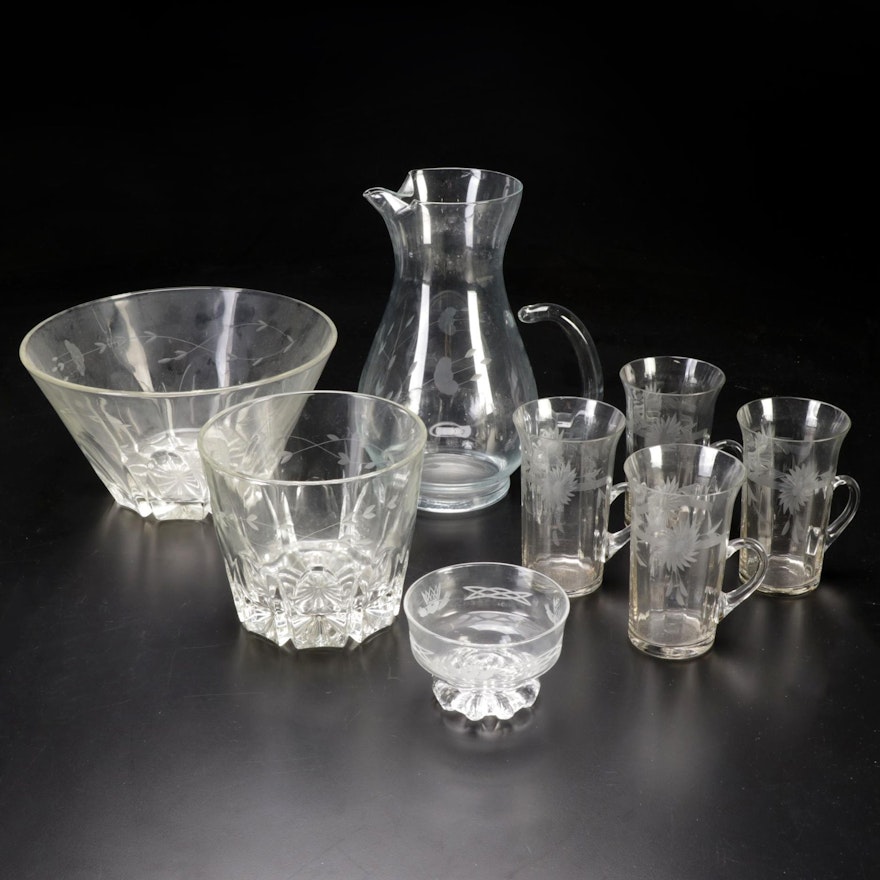 Etched Glass Lemonade Set with Other Glass Serving Bowls, 20th Century