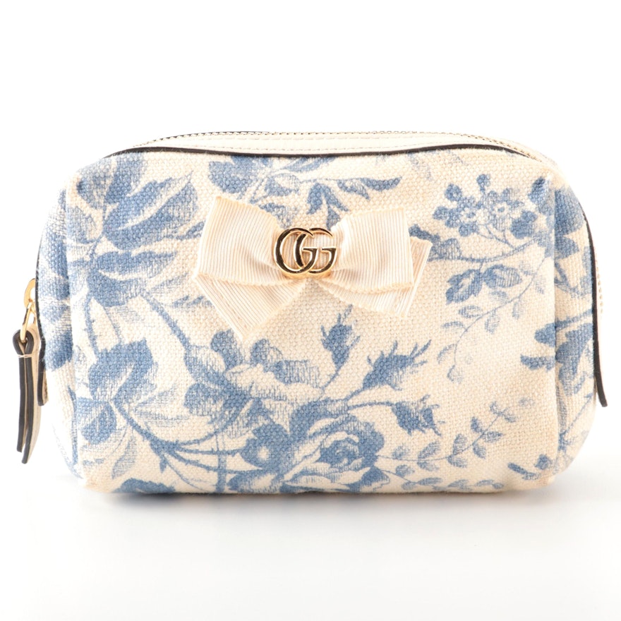 Gucci GG Zip Pouch in Blue Floral Printed Ivory Canvas, Leather, & Grosgrain Bow