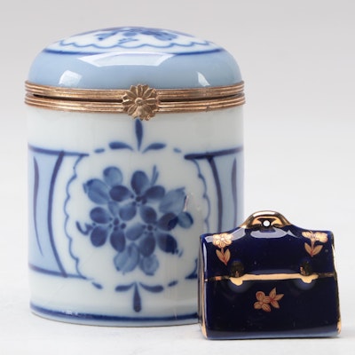 Chamart Blue and White Porcelain Limoges Box with Gilded Cobalt Porcelain Purse
