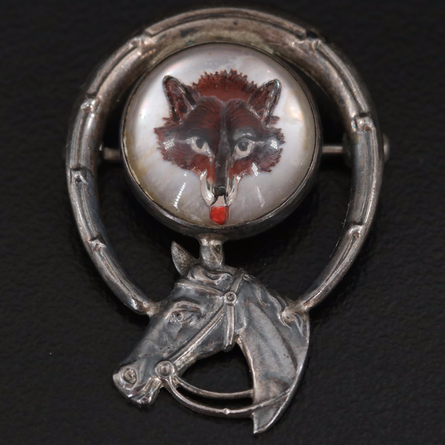 Vintage Sterling Reverse Painted Fox Hunt Equestrian Pin