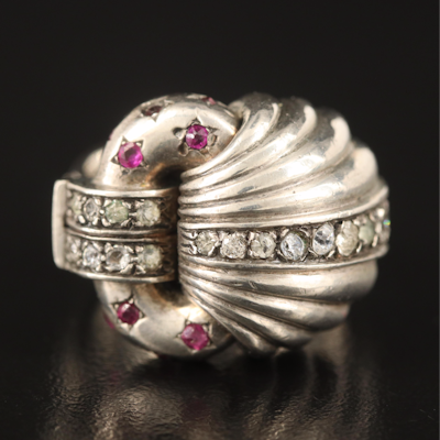 1940s Sterling Doorknocker Ring with Ruby, Diamond and Cubic Zirconia