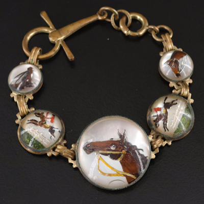 Vintage Reverse Painted Mother of Pearl Equestrian Bracelet