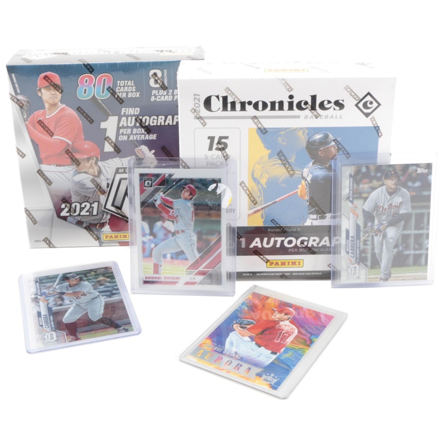 Sealed 2021 "Mosaic" and "Chronicles" MLB Card Packs with Ohtani, Cabrera Cards