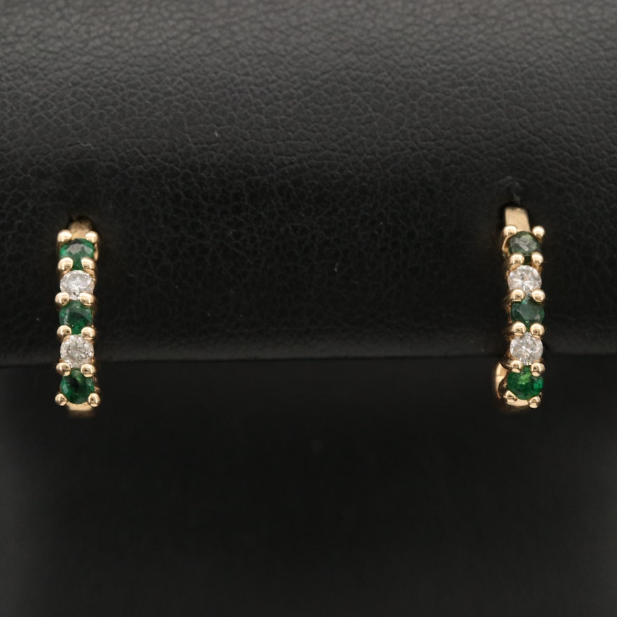 14K Emerald and Diamond J Hoop Earrings