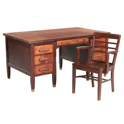 Wooden Executive Desk and Office Chair, Early to Mid 20th Century