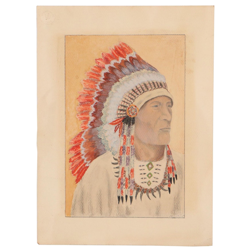 Watercolor and Graphite Portrait of Native Elder, 1966