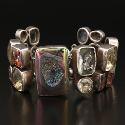 Sterling Rainbow Moonstone, Druzy and Topaz Bracelet
