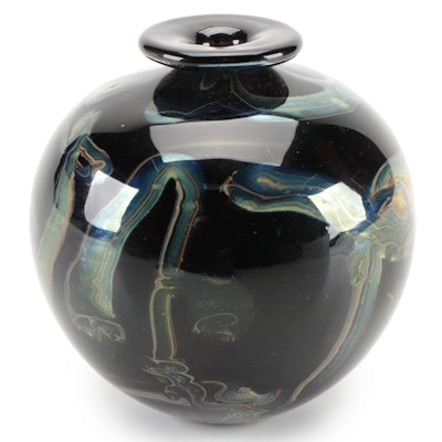Carin Von Drehle Handblown Black with Trailing Studio Art Glass Vase, 1984