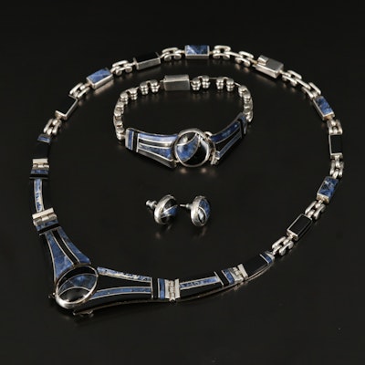 Oscar Figueroa Escorcia 950 Silver Obsidian and Sodalite Jewelry Set