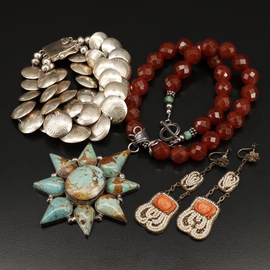Mexican Sterling Concho Bracelet with Earrings and Gemstone Necklace