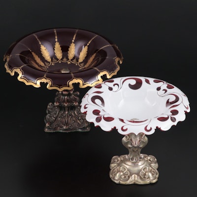 Dutch 850 Silver Footed Ruby Glass and Other White Cut to Ruby Glass Tazzas