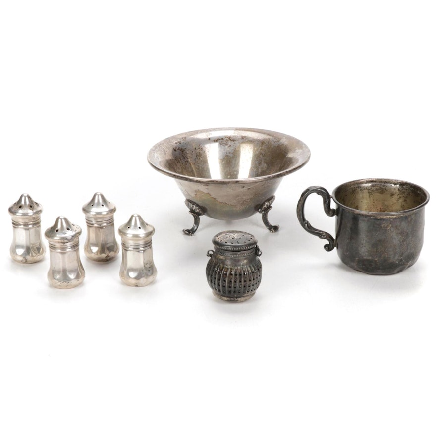 Sterling Silver Miniature Salt and Pepper Shakers, Small Cup, and More