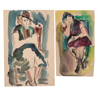 Helen Malta Gouache Paintings of Seated Women