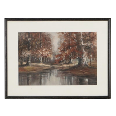 Gouache Painting of Forest and Lake, Late 20th Century