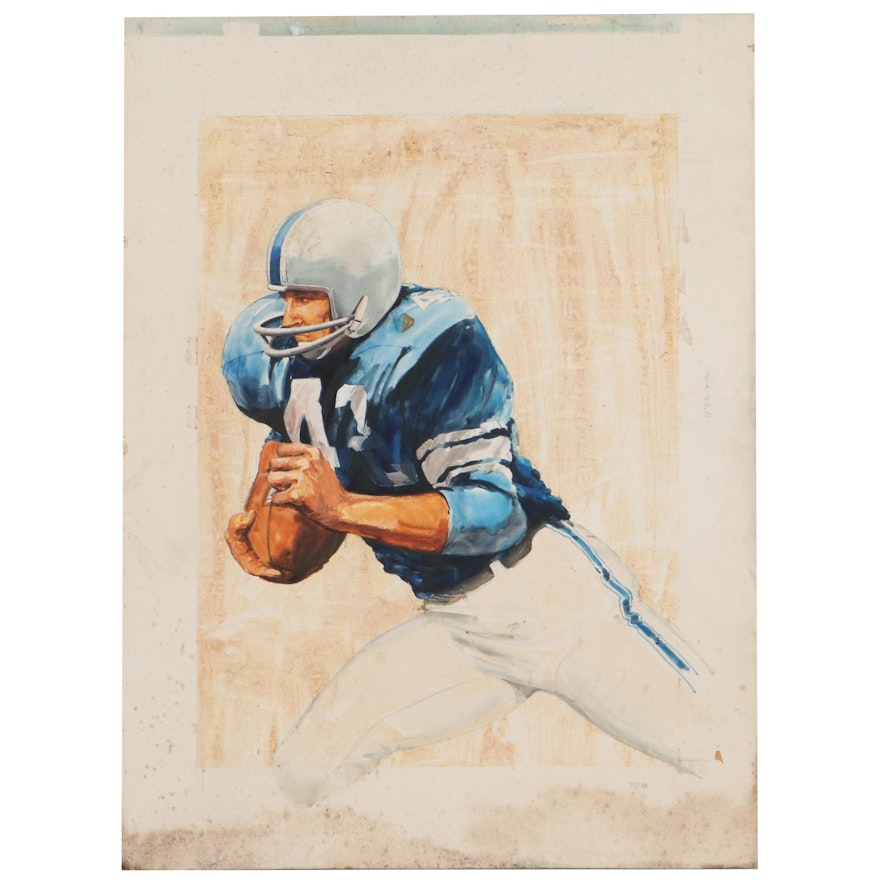 Hand-Colored Lithograph of Football Player, Mid-20th Century