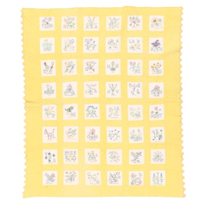 Handmade Embroidered State Flowers Quilt, Mid-20th Century