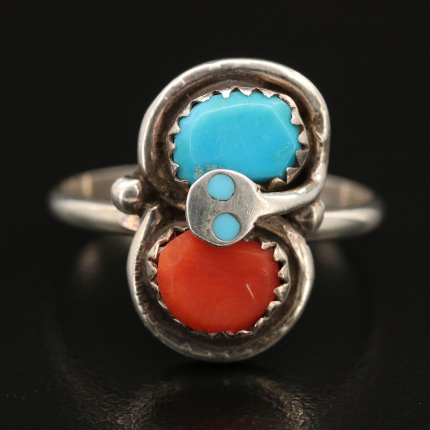 Effie Calavaza Zuni Sterling Coral and Turquoise Ring