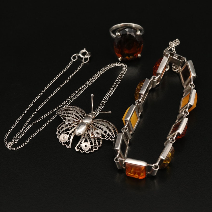 Sterling Jewelry Including Amber, Smoky Quartz and Filigree Butterfly