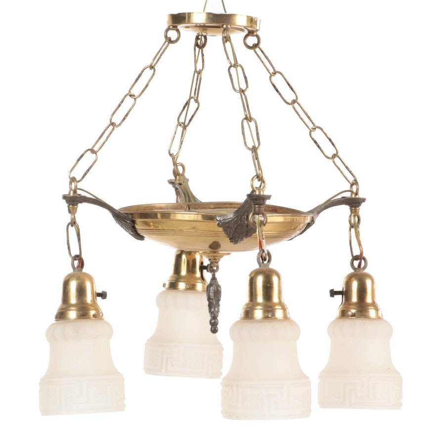 Art Deco Brass Chandelier with Frosted Glass Shades, Early 20th Century