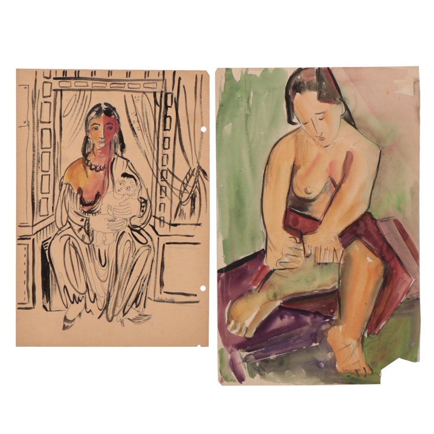 Helen Malta Watercolor and Ink Paintings of Women, Mid-20th Century