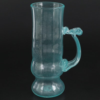 Signed Handblown Blue Studio Art Glass Mug, 1982