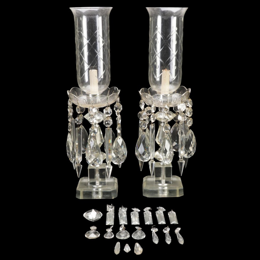 Pair of Glass Mantle Lusters with Crystal Prisms, Mid-20th Century