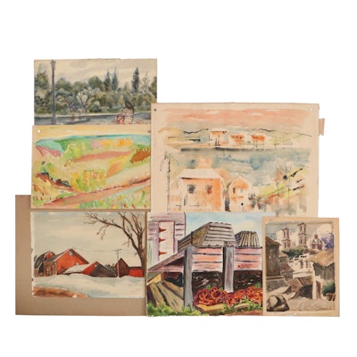 Landscape and Village Scene Watercolor Paintings, Mid-20th Century