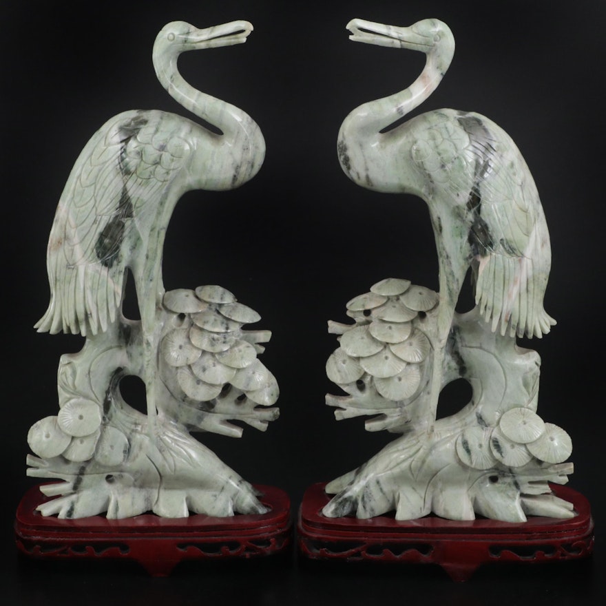 Chinese Carved Serpentine Figures of Cranes