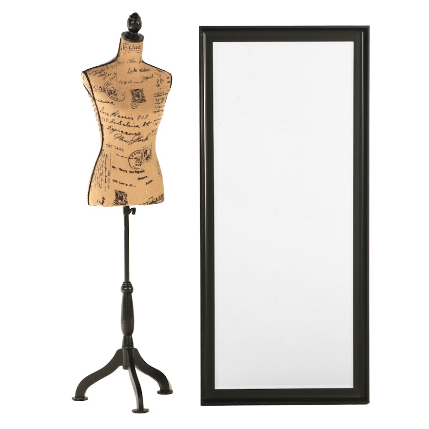 Burlap Lined Decorative Bust Mannequin and Leaning Mirror, Contemporary