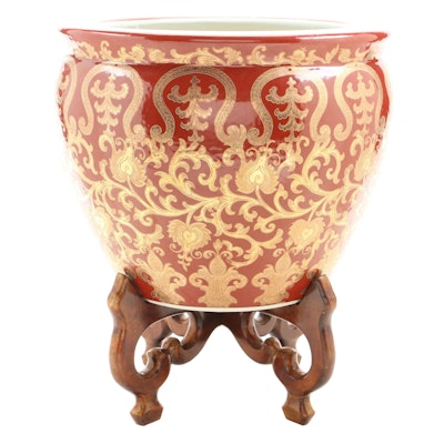 Chinese Porcelain Fishbowl Planter on Wooden Stand