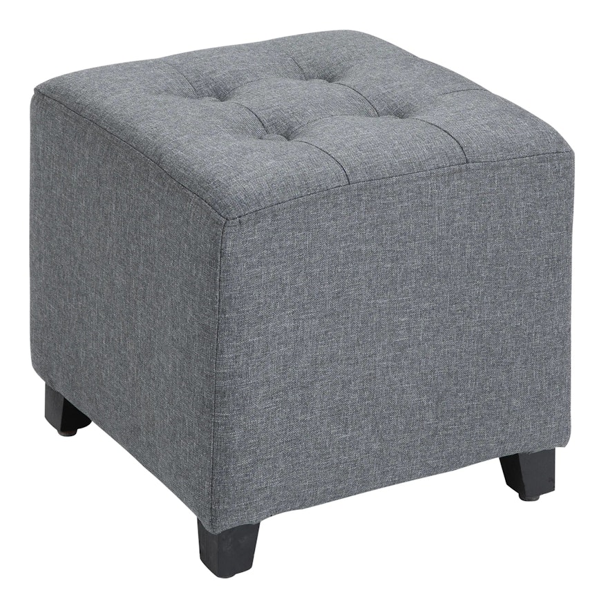 Button-Tufted Gray Linen Upholstered Ottoman