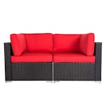 Outdoor Black Resin Wicker Loveseat with Red Cushions