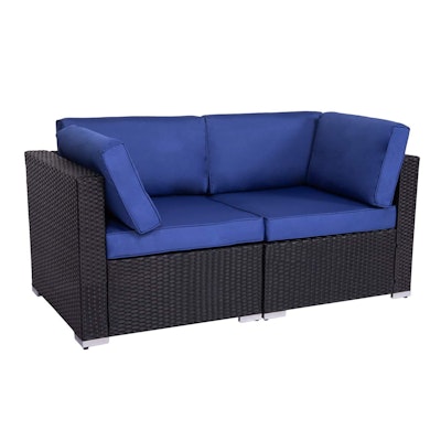 Outdoor Black Resin Wicker Patio Loveseat with Blue Cushions