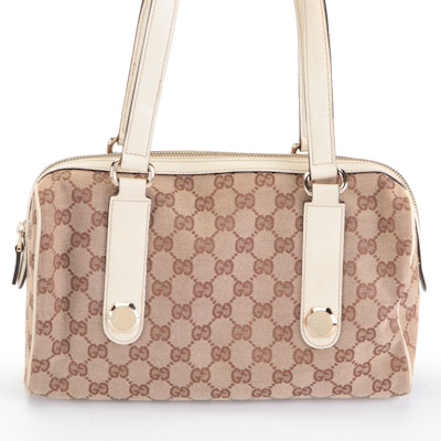 Gucci Charmy Small Boston Bag in GG Canvas and Off-White Cinghiale Leather