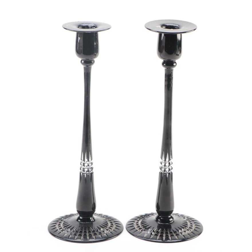 Pair of Black Cut to Clear Crystal Candlesticks, Mid to Late 20th Century